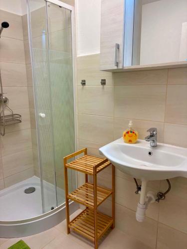 a bathroom with a sink and a shower at ARANY13 Apartmanház - Mówimy po polsku! in Bogács