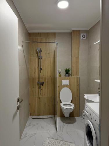 a bathroom with a shower with a toilet and a sink at LUMA Campus Studio in Brčko