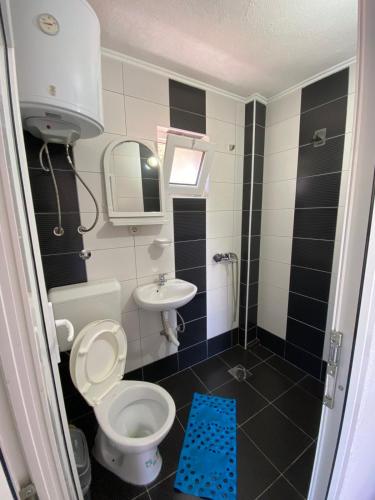 a small bathroom with a toilet and a sink at Villa D&M in Ohrid