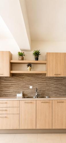 a kitchen with wooden cabinets and a sink at Villa Harmonia in Egina