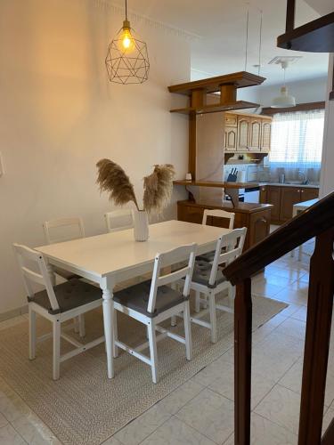 a dining room table with white chairs and a kitchen at Evelyn House in Samos