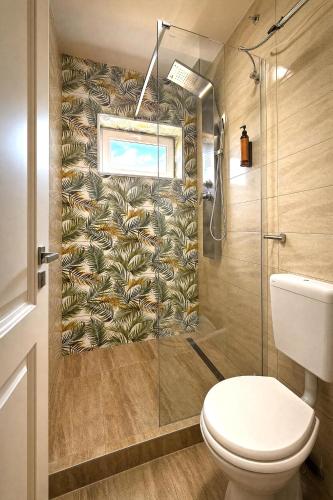 a bathroom with a toilet and a glass shower at Căsuța Sofia in Sulina