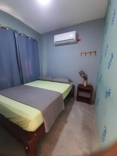 a blue bedroom with a bed and a air conditioner at Maracas Hospedaje in Rincón