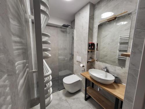 a bathroom with a white toilet and a sink at PannaiLew in Ciechocinek