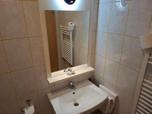 a bathroom with a sink and a mirror at Pensiune Safrane in Băile Herculane