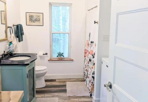 a bathroom with a sink and a toilet and a window at Private Beach, secluded! in Covington