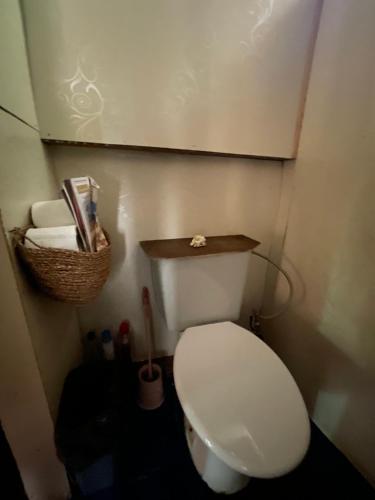 a bathroom with a toilet with a basket on the wall at FARE Tatahi in Parea
