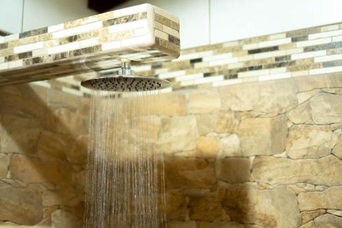 a shower in a bathroom with a stone wall at Casa Caribbean Coconut in Cahuita