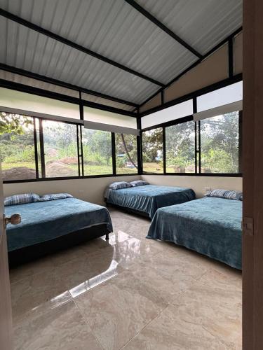 two beds in a room with large windows at Finca Lantana Oficial in Villeta