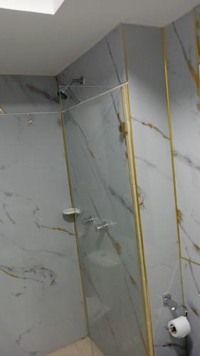 a shower with a glass door in a bathroom at Bello apto en armenia 1306 in Armenia
