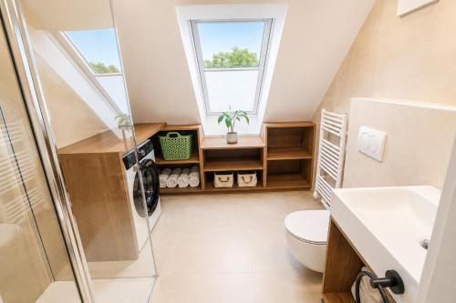 a bathroom with a shower and a toilet at Dovce Apartments in Rakek