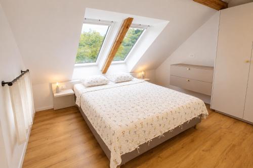 a bedroom with a bed and two windows at Dovce Apartments in Rakek