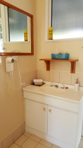 ein Bad mit einem weißen Waschbecken und einem Fenster in der Unterkunft Ocean View Motel Bowen in Bowen