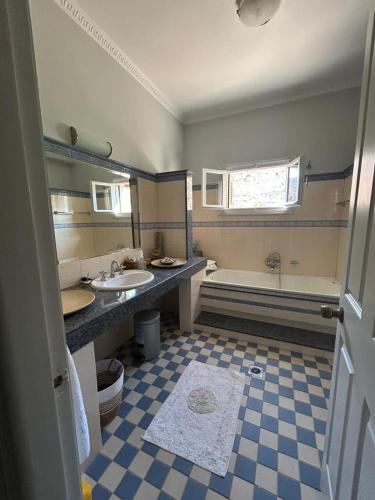 a bathroom with a tub and a sink and a bath tub at Villa To Petrino in Vathís