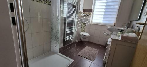 a bathroom with a shower and a toilet and a sink at Ferienwohnung Kaholze in Kaltenholzhausen