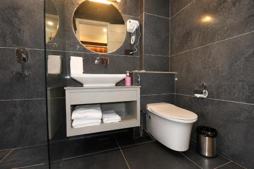 a bathroom with a toilet and a sink and a mirror at Arista Haven Hotel in Rishīkesh