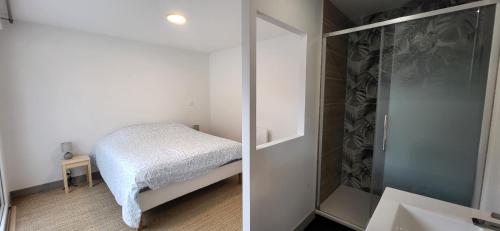 a small bedroom with a bed and a glass shower at Le Cocon des Sables in Sangatte