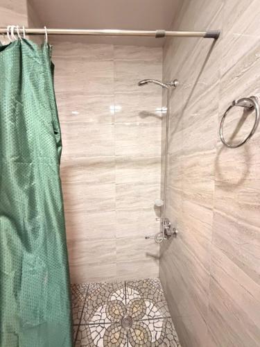 a bathroom with a shower with a green shower curtain at Hotel Traveler in Kutaisi
