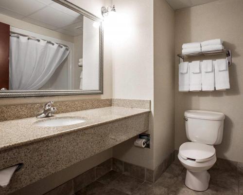 a bathroom with a toilet and a sink and a mirror at Comfort Inn & Suites Lumberton Central I-95 in Lumberton