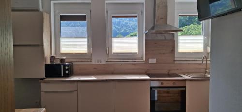 a kitchen with three windows and a counter top at Apartmaji Božiček Olimje in Podčetrtek