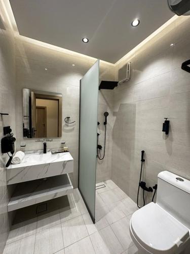 a bathroom with a sink and a toilet and a mirror at بيوت عطلات البيت الريفي للضيافه السياحي in Al Namas