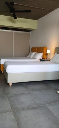 a large white bed in a bedroom with a ceiling at Nicole's Cave Studio in Pylos
