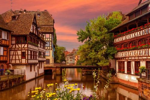 a view of a river with buildings and a bridge at L'Essentiel Confort moderne - équipements premium et tram à 5 minutes in Strasbourg
