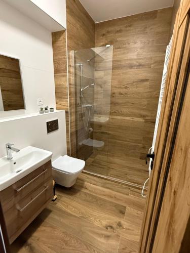 a bathroom with a shower and a toilet and a sink at Hotel Olympia Česká Lípa in Česká Lípa