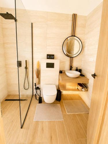 a bathroom with a toilet and a sink at Royal Hill-Queen Chalet -Bran, Mountain View and Hot Tub in Sohodol