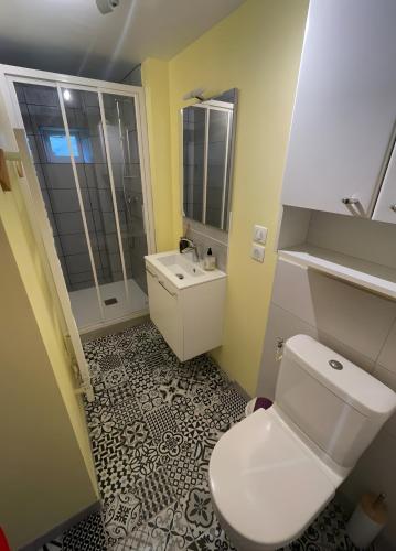 a bathroom with a white toilet and a sink at Le Puy D'Eraigne in Saint-Nectaire