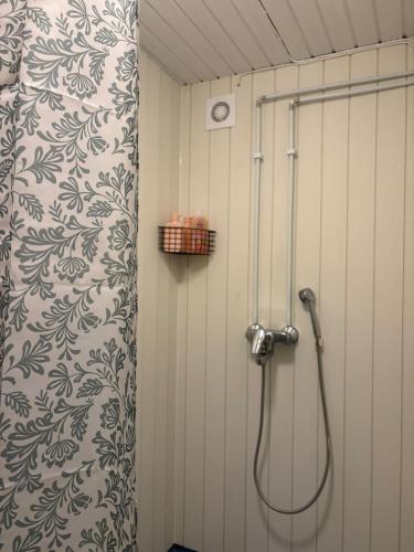 a shower in a bathroom with a shower curtain at En mysig liten Stuga nära naturen och havet in Västlax