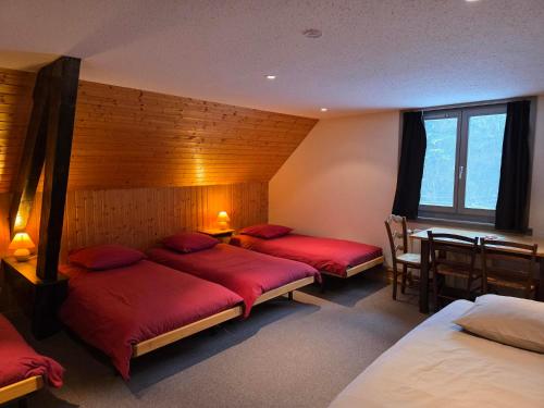a room with three beds with red pillows at B&B Gite les Baudy in Le Haut-du-Them