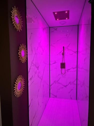 a purple room with a walk in shower at Escapade in Saint-Jouin-Bruneval