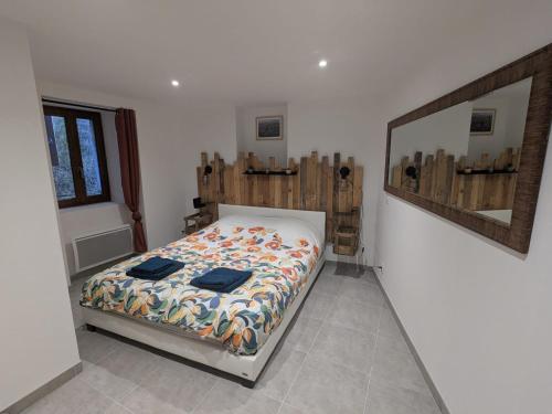 a bedroom with a bed and a mirror in it at La Cachette Floracoise in Florac