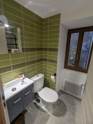 a bathroom with a white toilet and a sink at La Cachette Floracoise in Florac