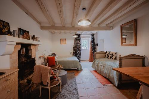 a living room with a bed and a fireplace at Studio de Bresteau in Beillé