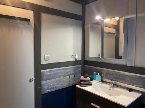 a bathroom with a sink and a mirror at Finca Tolomó in Aspe