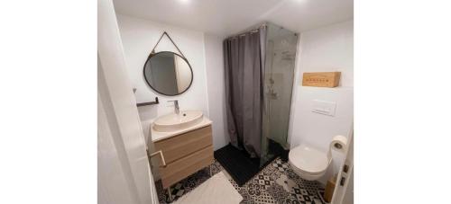 a bathroom with a toilet and a sink and a mirror at Doux Pavillon - Le Loft d'Or in Nice