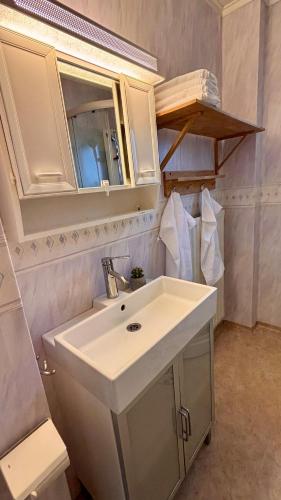 a bathroom with a white sink and a mirror at Hardangegatan in Östersund