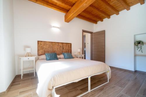 a bedroom with a large white bed with blue pillows at L'appartamento azzurro cielo in Fanano
