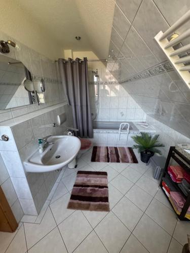 a bathroom with a sink and a bath tub at Haus Reinsdorf in Blankenburg