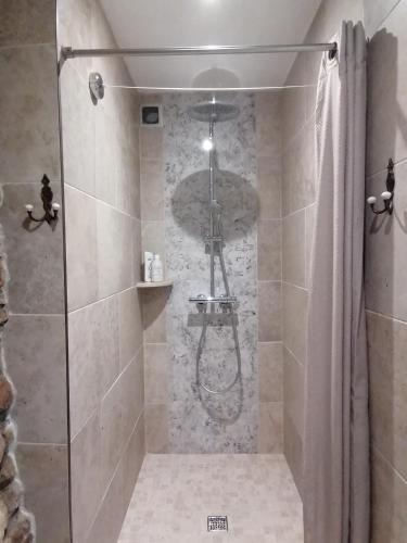 a shower with a glass door in a bathroom at Mas de lasquiers in Saint-Paul-le-Jeune