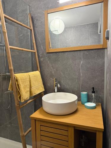 a bathroom with a white sink on a wooden counter at Coeur SAINT-PAUL in Saint-Paul