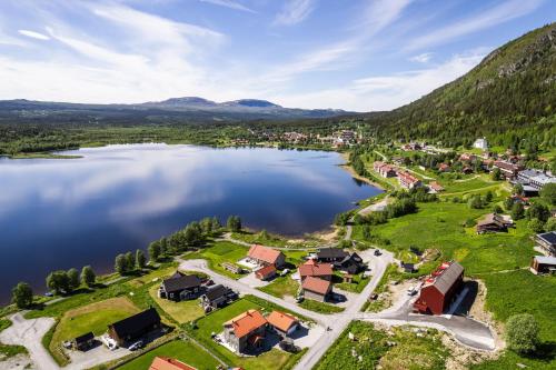 an aerial view of a village next to a lake at Morgondoppet - Olen Funäsdalen in Funäsdalen