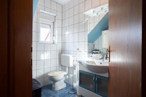 a bathroom with a white toilet and a sink at Vila Ribič in Železnička Stanica Žejinci