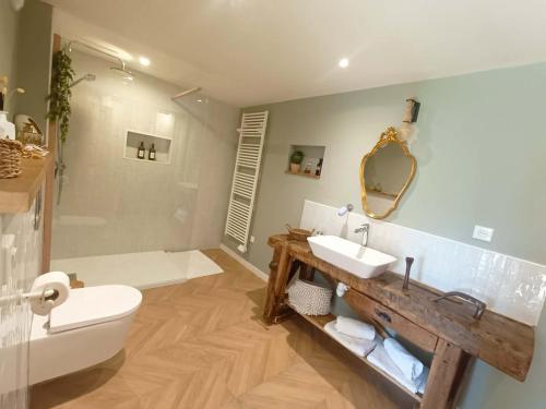 a bathroom with a toilet and a sink and a tub at Le jardin de Nigelle , En Provence in Mallemoisson