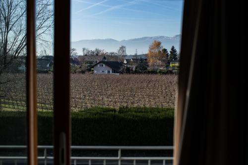 a view of a field from a window at Motel Le Léman in Commugny