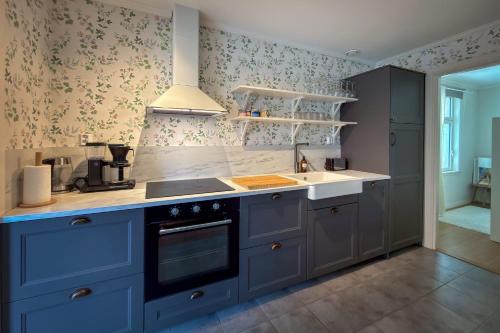 a kitchen with blue cabinets and a sink at Hanko Sailor House in Hanko