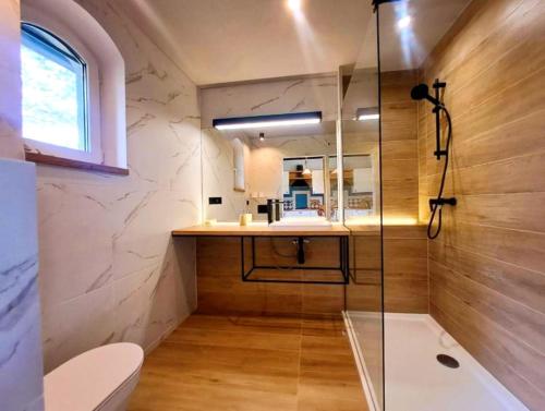 a bathroom with a shower and a toilet and a sink at Marina Górkło - Żurawi Kąt in Górkło