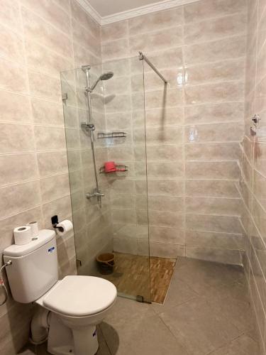 a bathroom with a toilet and a glass shower at Location meublée Martil in Martil